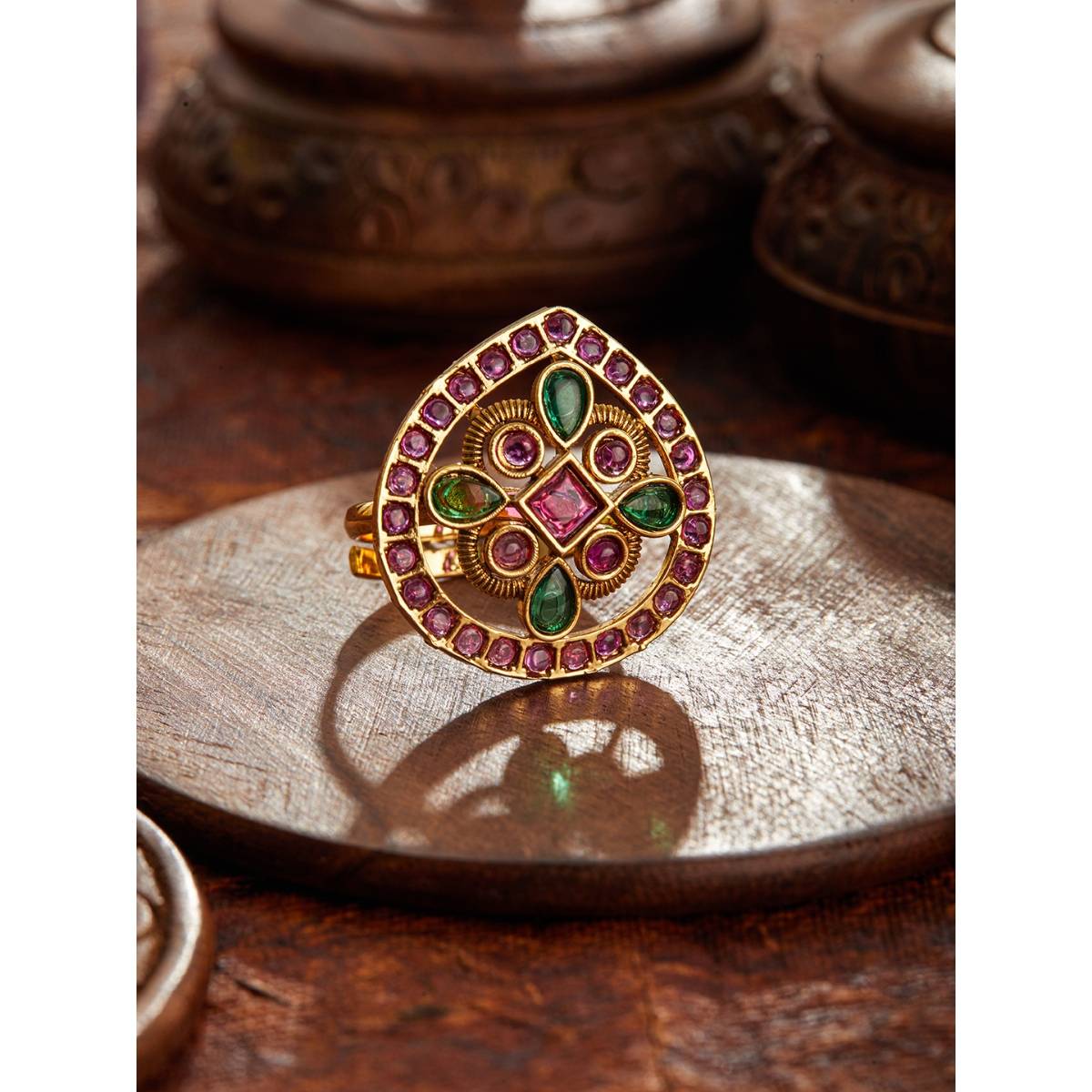 Aatmana Gold-Plated Green and Maroon Stone-Studded Adjustable Temple Finger Ring