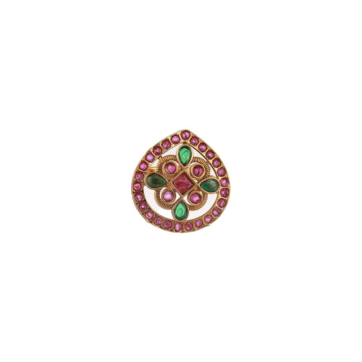 Aatmana Gold-Plated Green and Maroon Stone-Studded Adjustable Temple Finger Ring