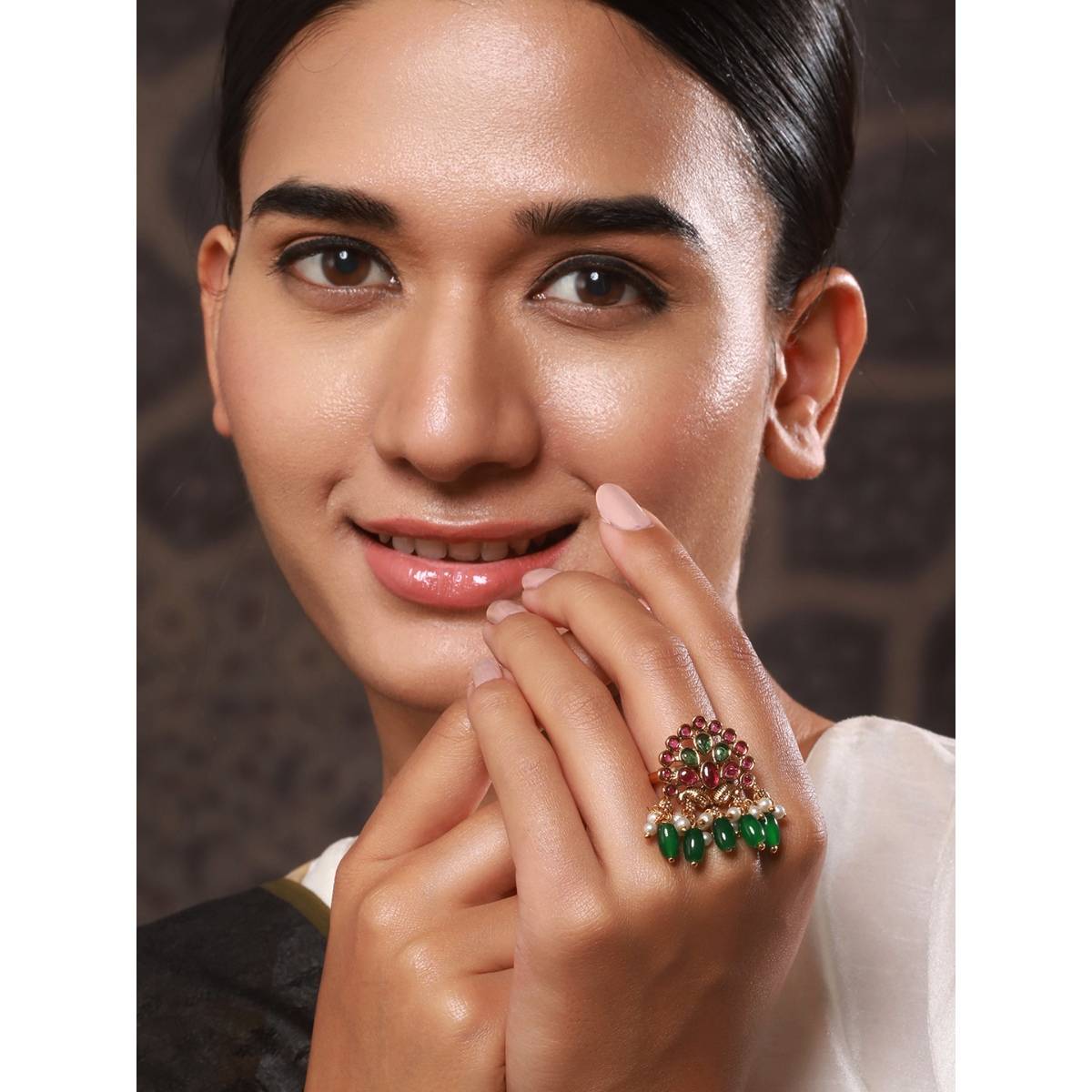 Aatmana Gold-Plated Green and Maroon Stone-Studded and Beaded Adjustable Temple Finger Ring · Adjustable