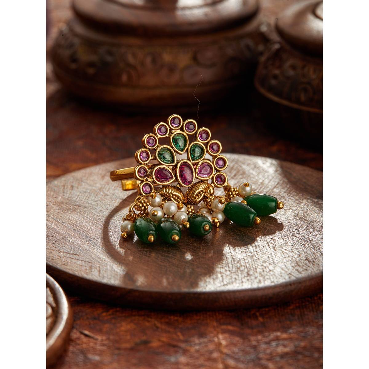 Aatmana Gold-Plated Green and Maroon Stone-Studded and Beaded Adjustable Temple Finger Ring · Adjustable