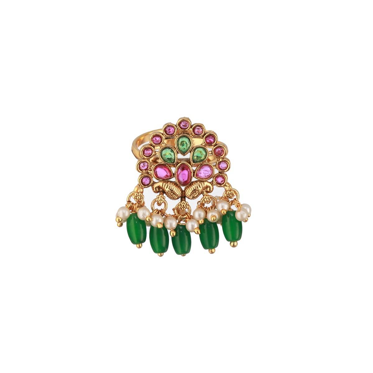 Aatmana Gold-Plated Green and Maroon Stone-Studded and Beaded Adjustable Temple Finger Ring