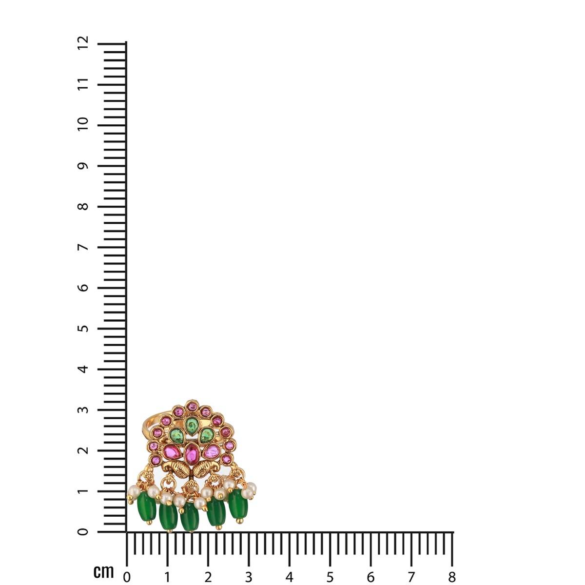 Aatmana Gold-Plated Green and Maroon Stone-Studded and Beaded Adjustable Temple Finger Ring