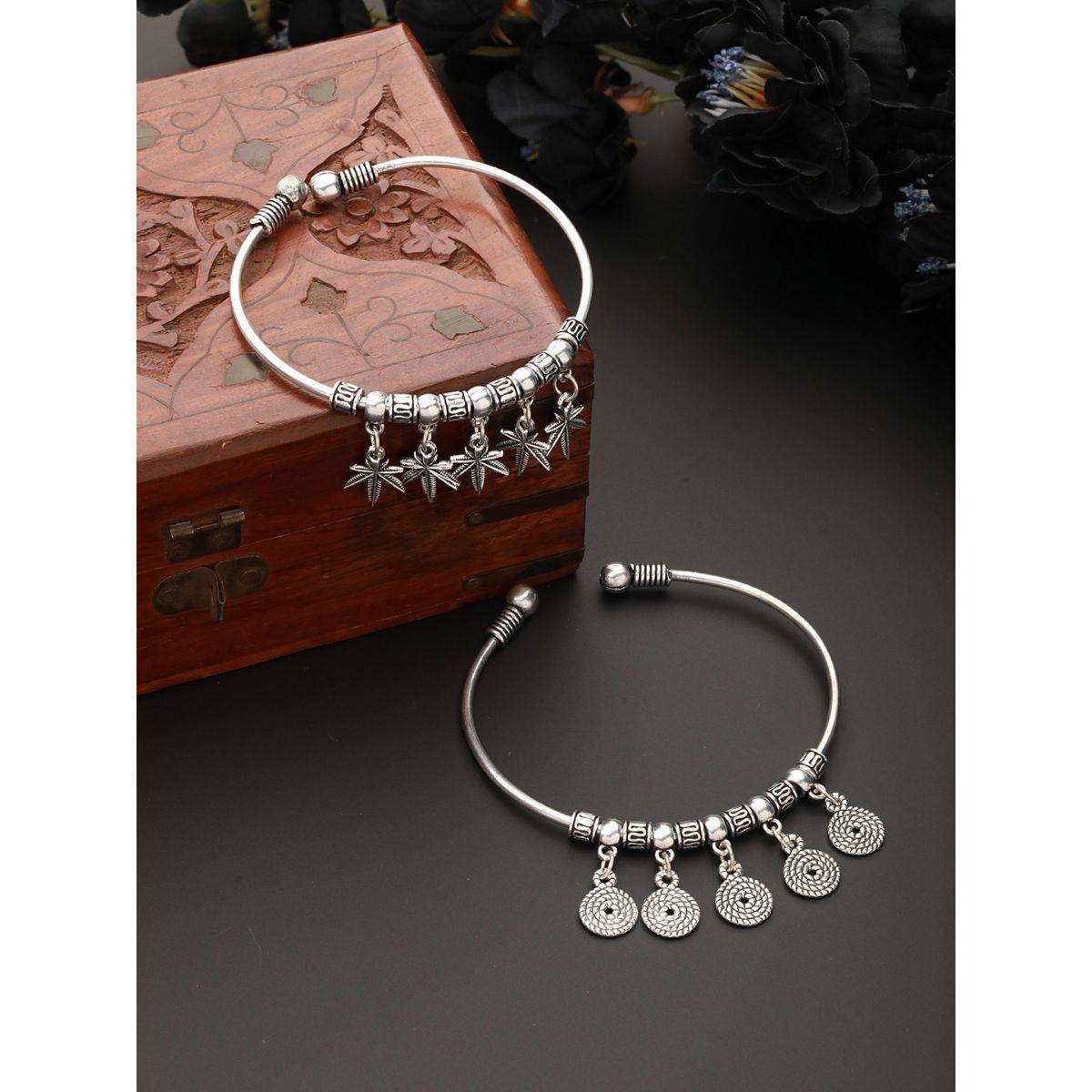 Aatmana Set Of 2 Silver Toned Silver Plated Oxidised Tribal Circular & Star Charm Bracelet · One Size