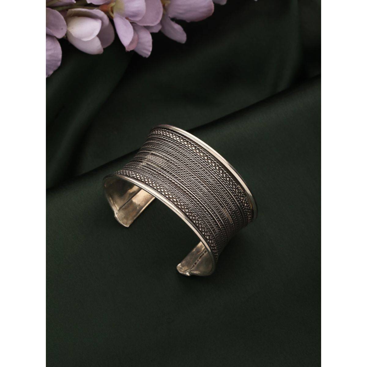 Aatmana Women Silver Plated & Textured Oxidised Cuff Bracelet