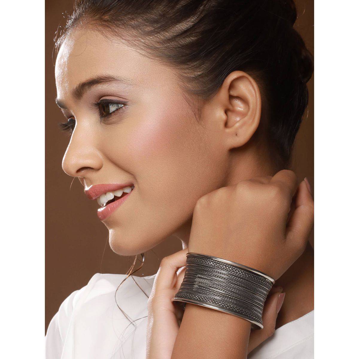 Aatmana Women Silver Plated & Textured Oxidised Cuff Bracelet