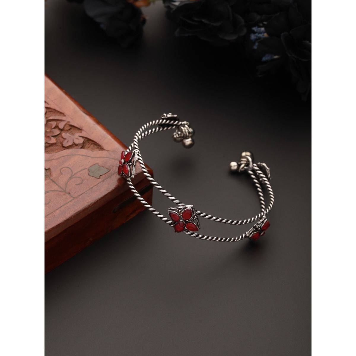 Aatmana Silver Plated Red Stone Studded Oxidised Handcrafted Cuff Style Bracelet · One Size