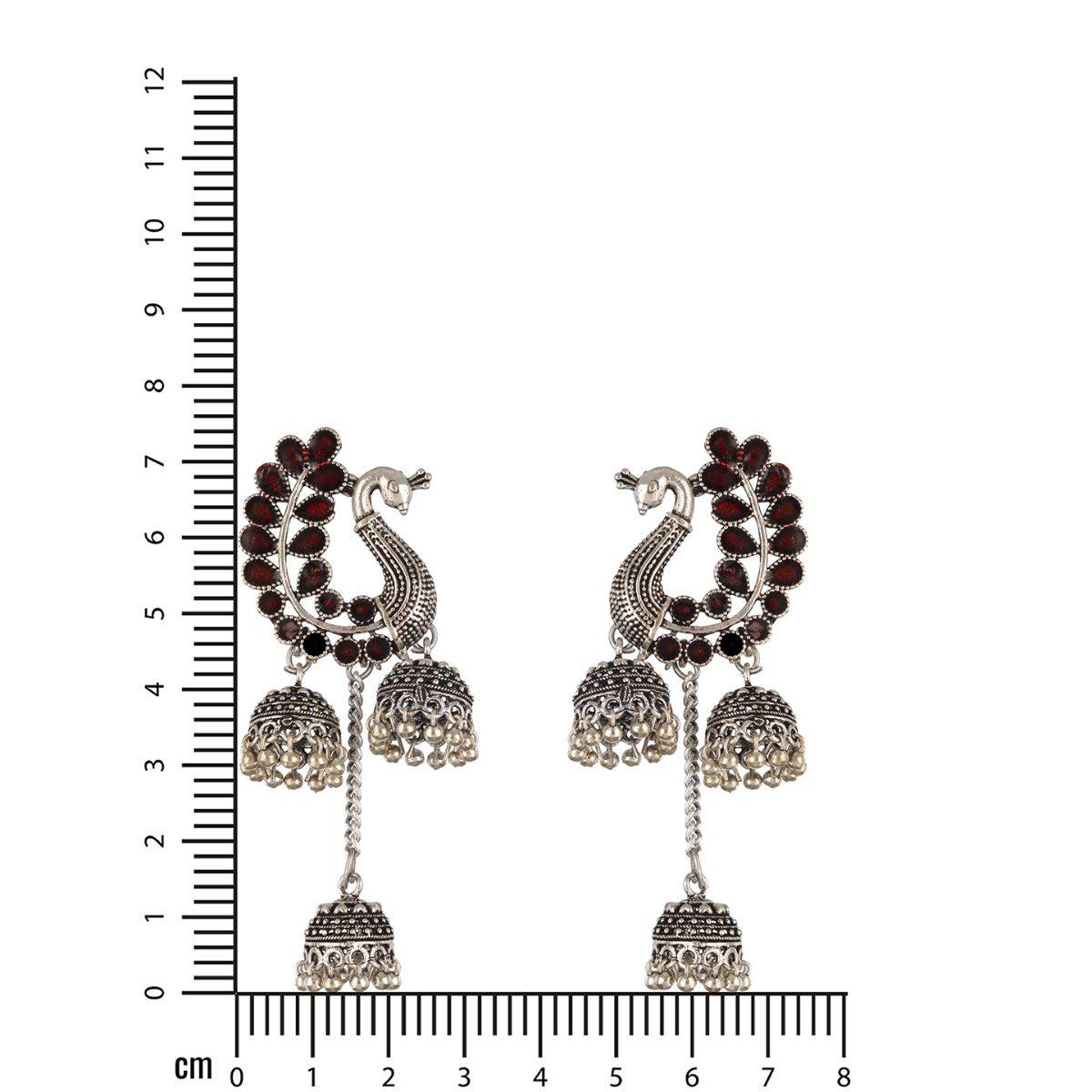 Aatmana Silver Plated Maroon Stone Studded Handcrafted Peacock Shaped Jhumkas Earrings