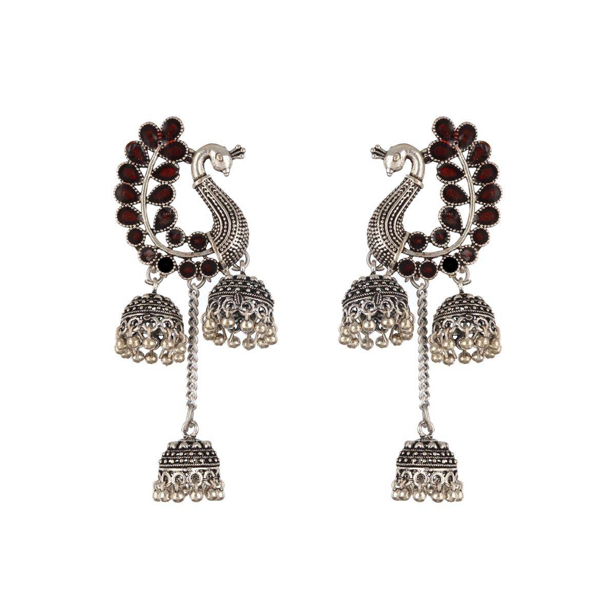 Aatmana Silver Plated Maroon Stone Studded Handcrafted Peacock Shaped Jhumkas Earrings