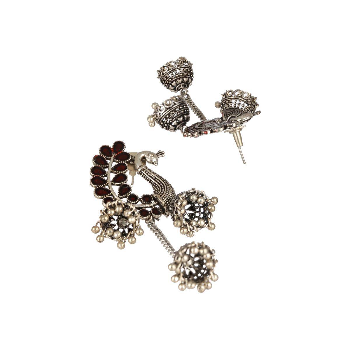 Aatmana Silver Plated Maroon Stone Studded Handcrafted Peacock Shaped Jhumkas Earrings