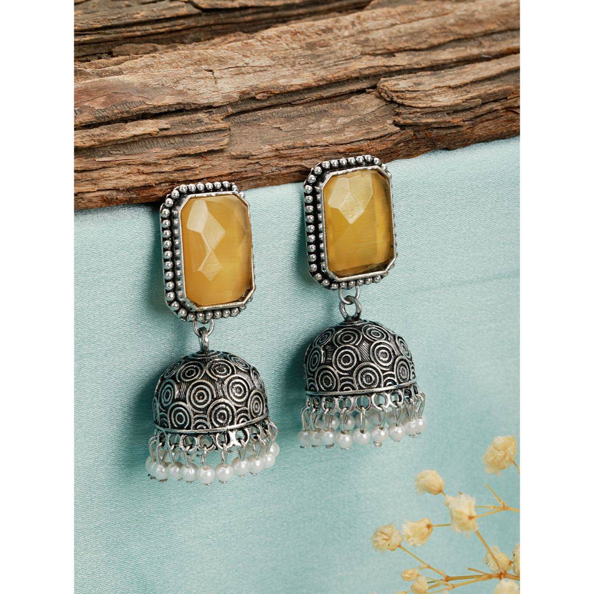 Aatmana Silver Plated Yellow Stone Studded & Beaded Contemporary Jhumkas Earrings
