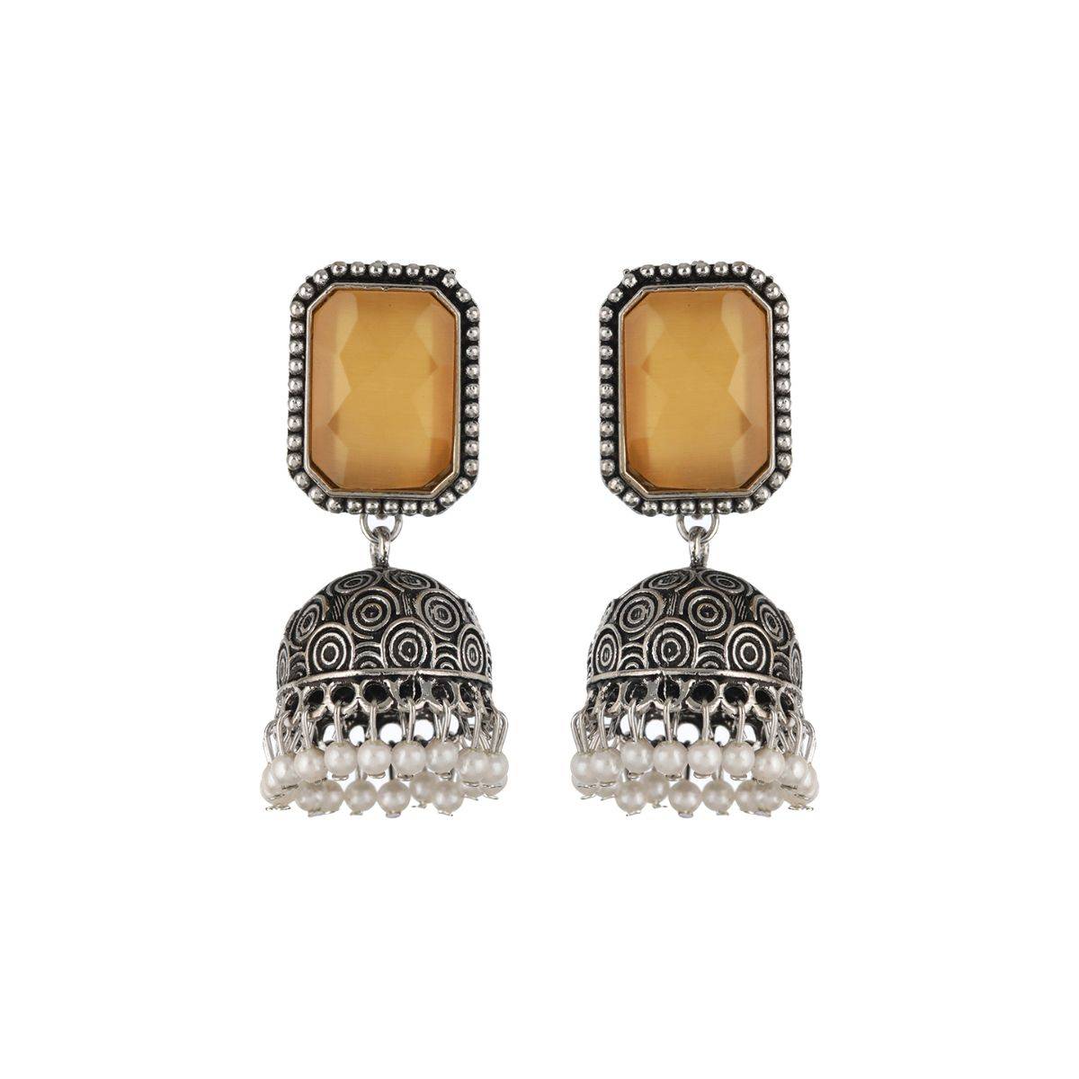 Aatmana Silver Plated Yellow Stone Studded & Beaded Contemporary Jhumkas Earrings