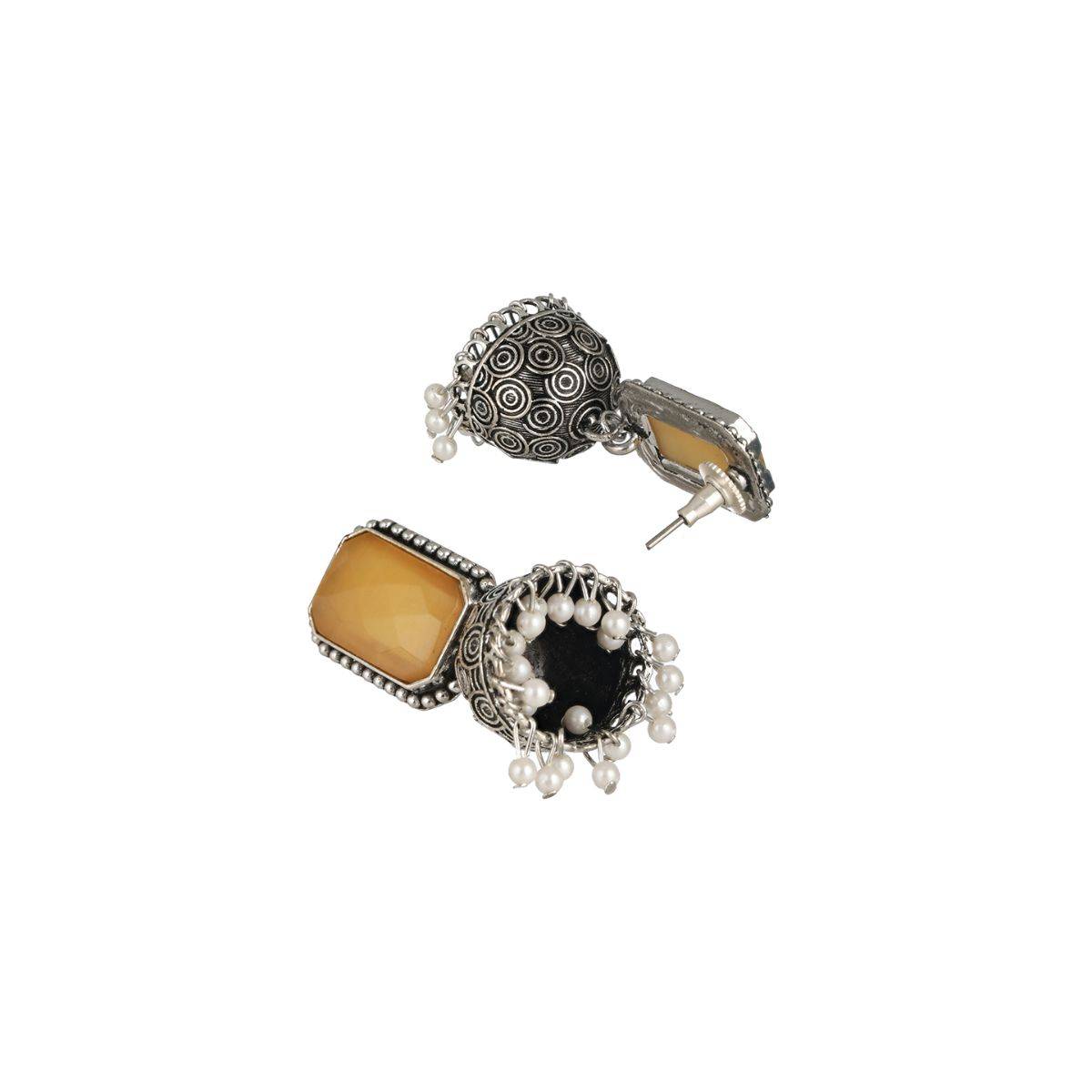 Aatmana Silver Plated Yellow Stone Studded & Beaded Contemporary Jhumkas Earrings
