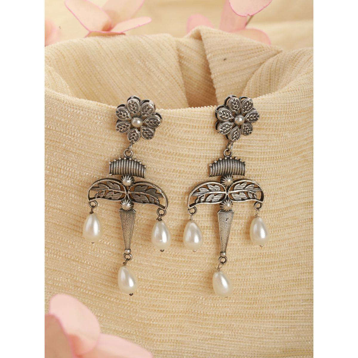 Aatmana Silver Plated Floral Shaped Contemporary Pearl Drop Earrings