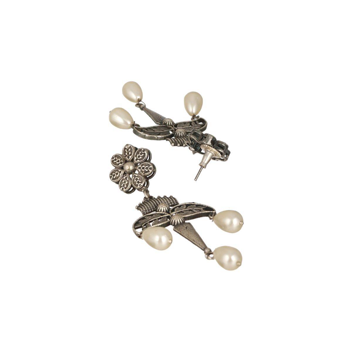 Aatmana Silver Plated Floral Shaped Contemporary Pearl Drop Earrings