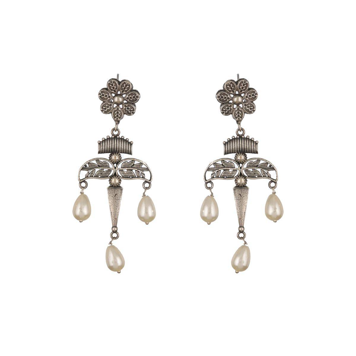 Aatmana Silver Plated Floral Shaped Contemporary Pearl Drop Earrings