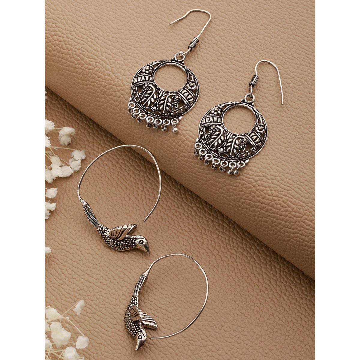 Aatmana Set Of 2 Silver Plated Brid Shaped Hoop & Chandbali Earrings