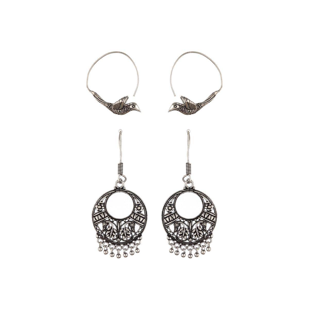 Aatmana Set Of 2 Silver Plated Brid Shaped Hoop & Chandbali Earrings