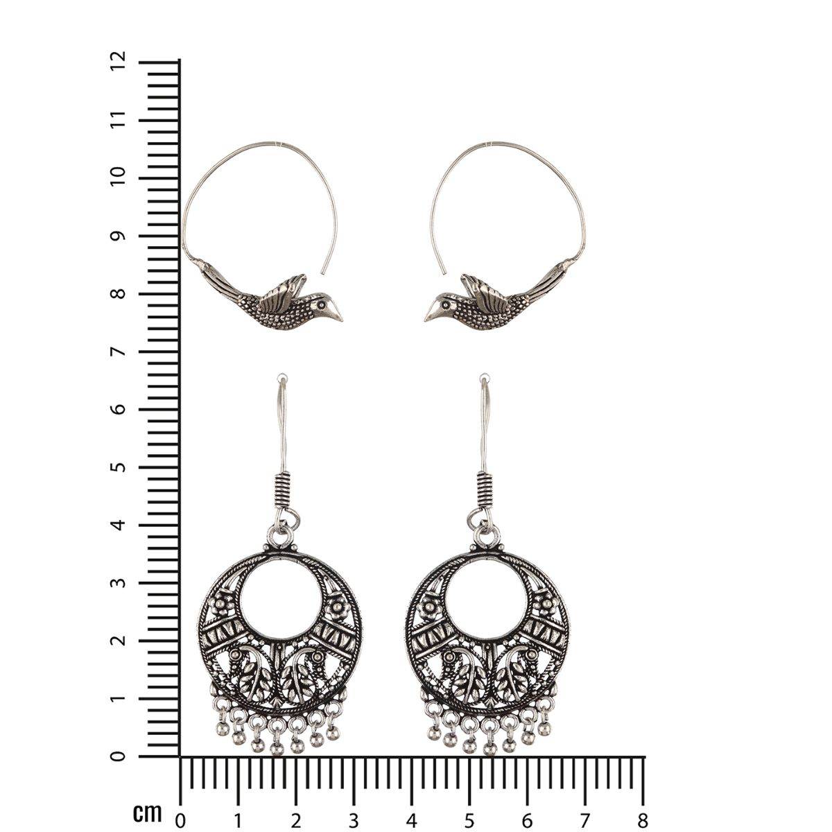 Aatmana Set Of 2 Silver Plated Brid Shaped Hoop & Chandbali Earrings