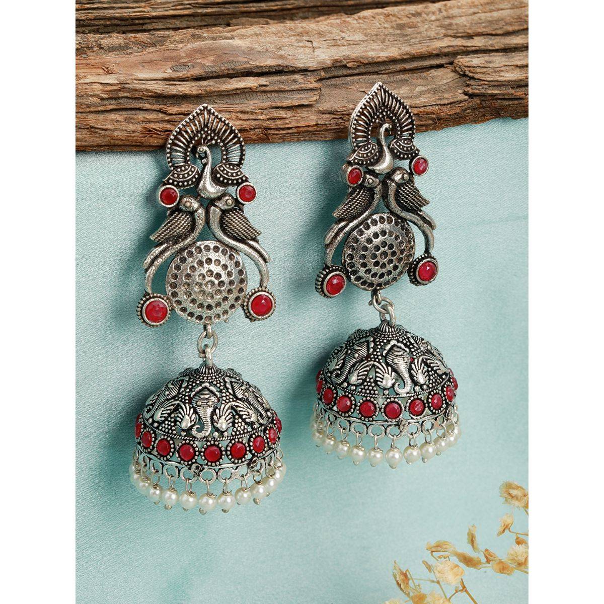 Aatmana Red Stone Studded & Pearl Beaded Peacock Shaped Temple Jhumka Earrings · One Size