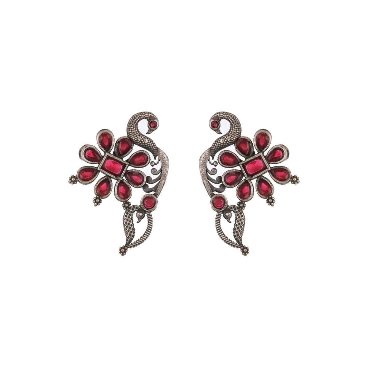 Aatmana Silver Plated & Red Stone Studded Oxidised Peacock Shaped Drop Earrings