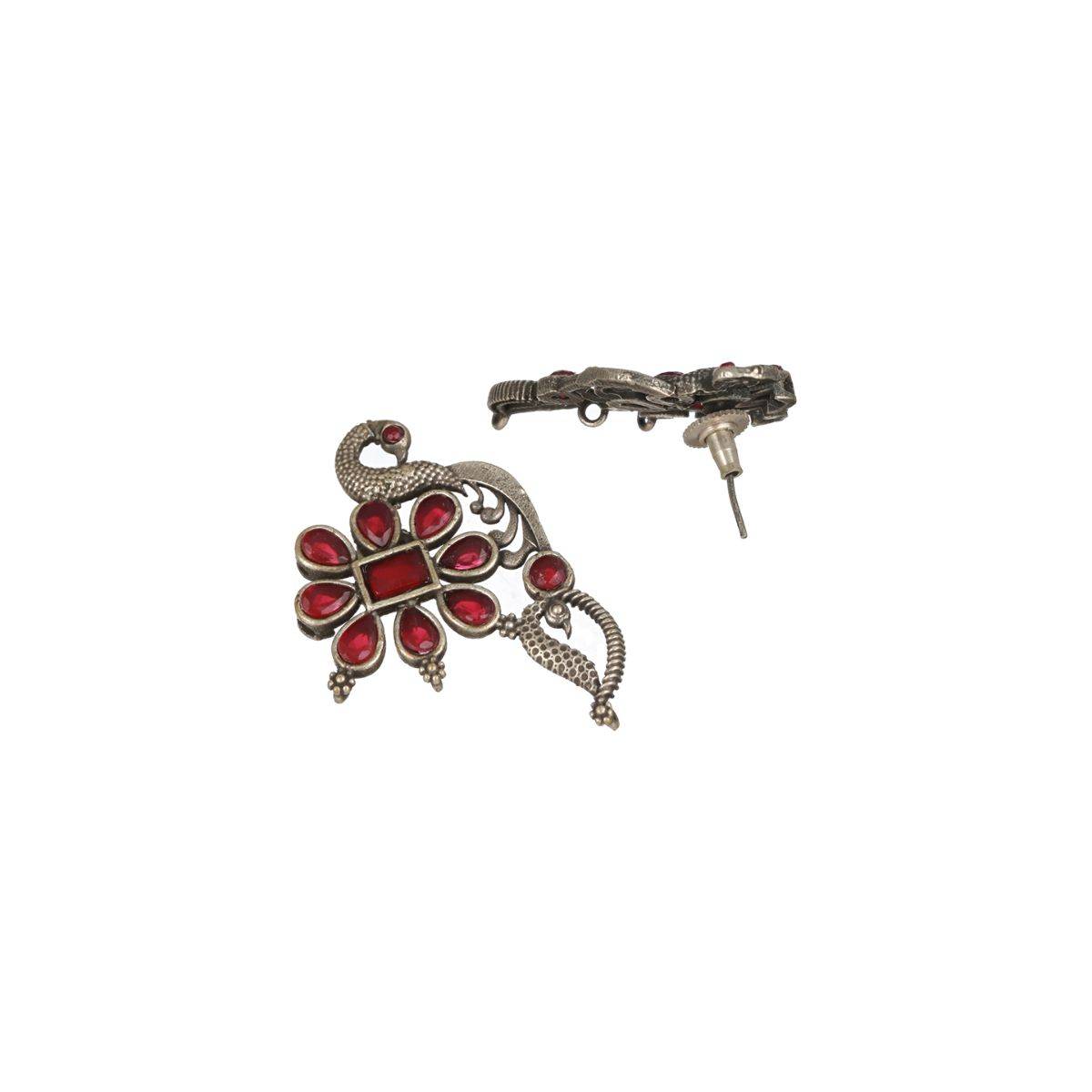 Aatmana Silver Plated & Red Stone Studded Oxidised Peacock Shaped Drop Earrings