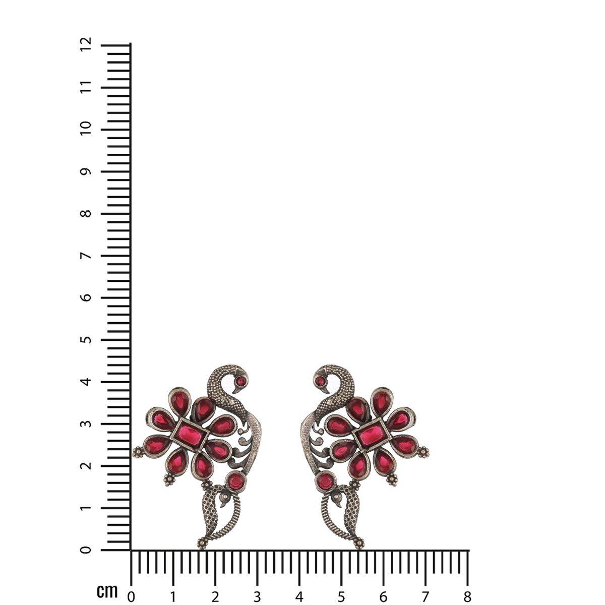 Aatmana Silver Plated & Red Stone Studded Oxidised Peacock Shaped Drop Earrings