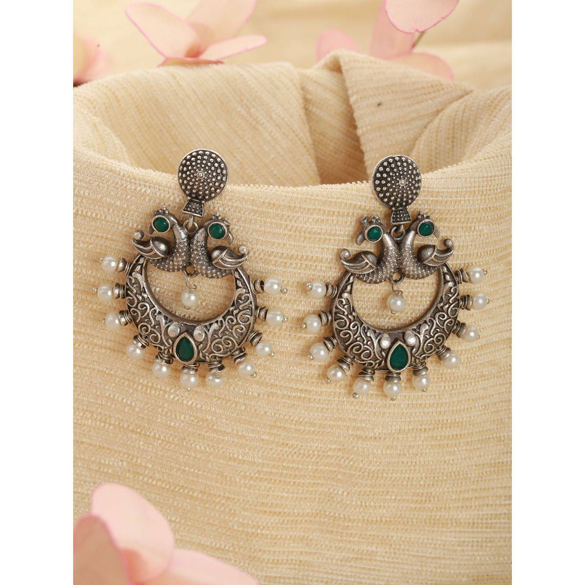 Aatmana Oxidized Silver Toned Green Stone Studded & Pearl Dome Shaped Chandbalis · One Size