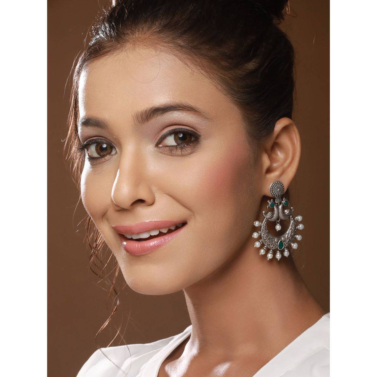 Aatmana Oxidized Silver Toned Green Stone Studded & Pearl Dome Shaped Chandbalis · One Size