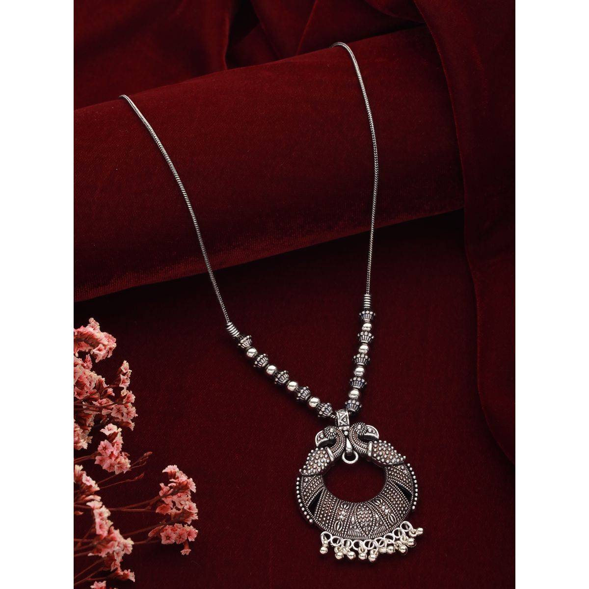 Aatmana Brass Silver Plated Oxidised Peacock Shaped Necklace · One Size