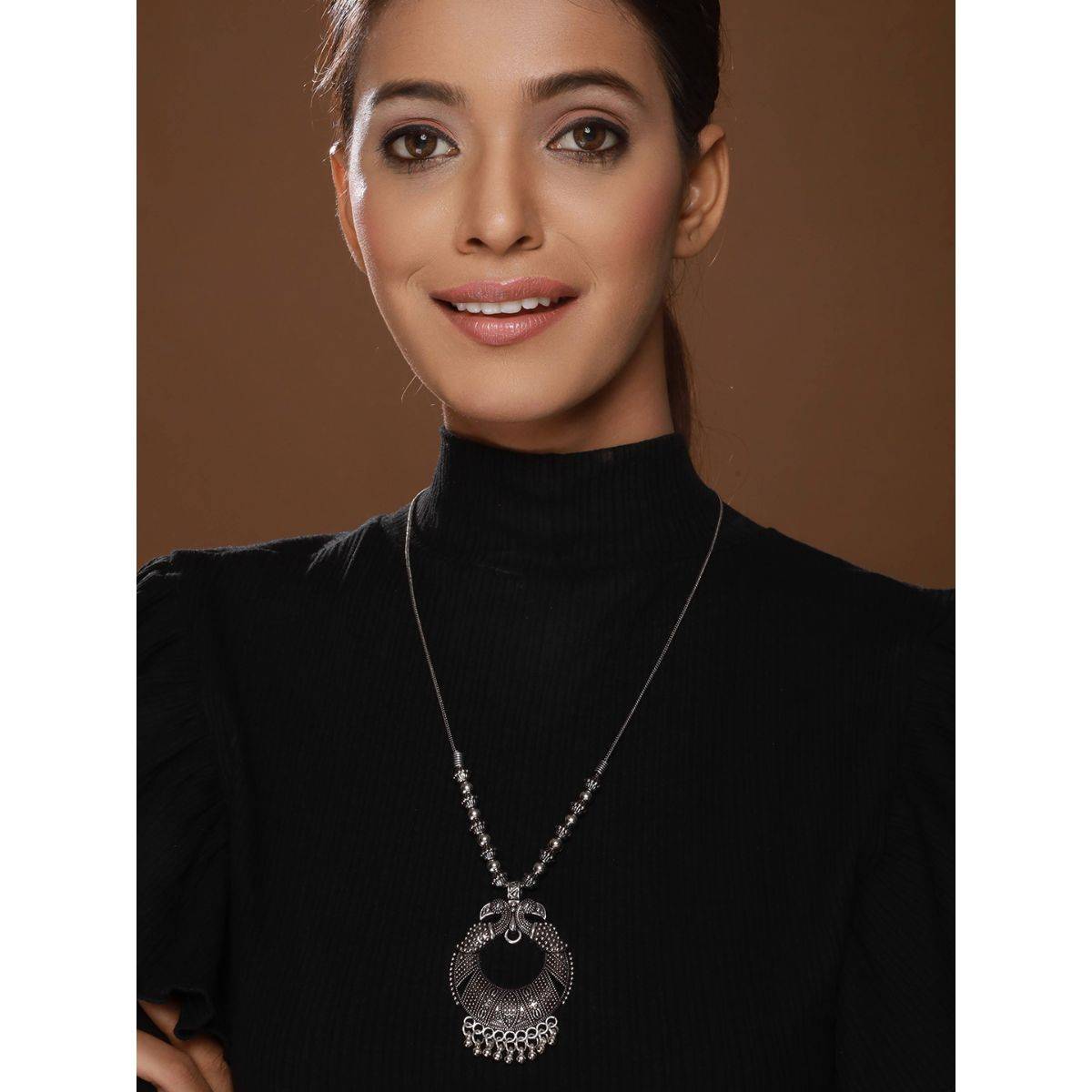 Aatmana Brass Silver Plated Oxidised Peacock Shaped Necklace · One Size