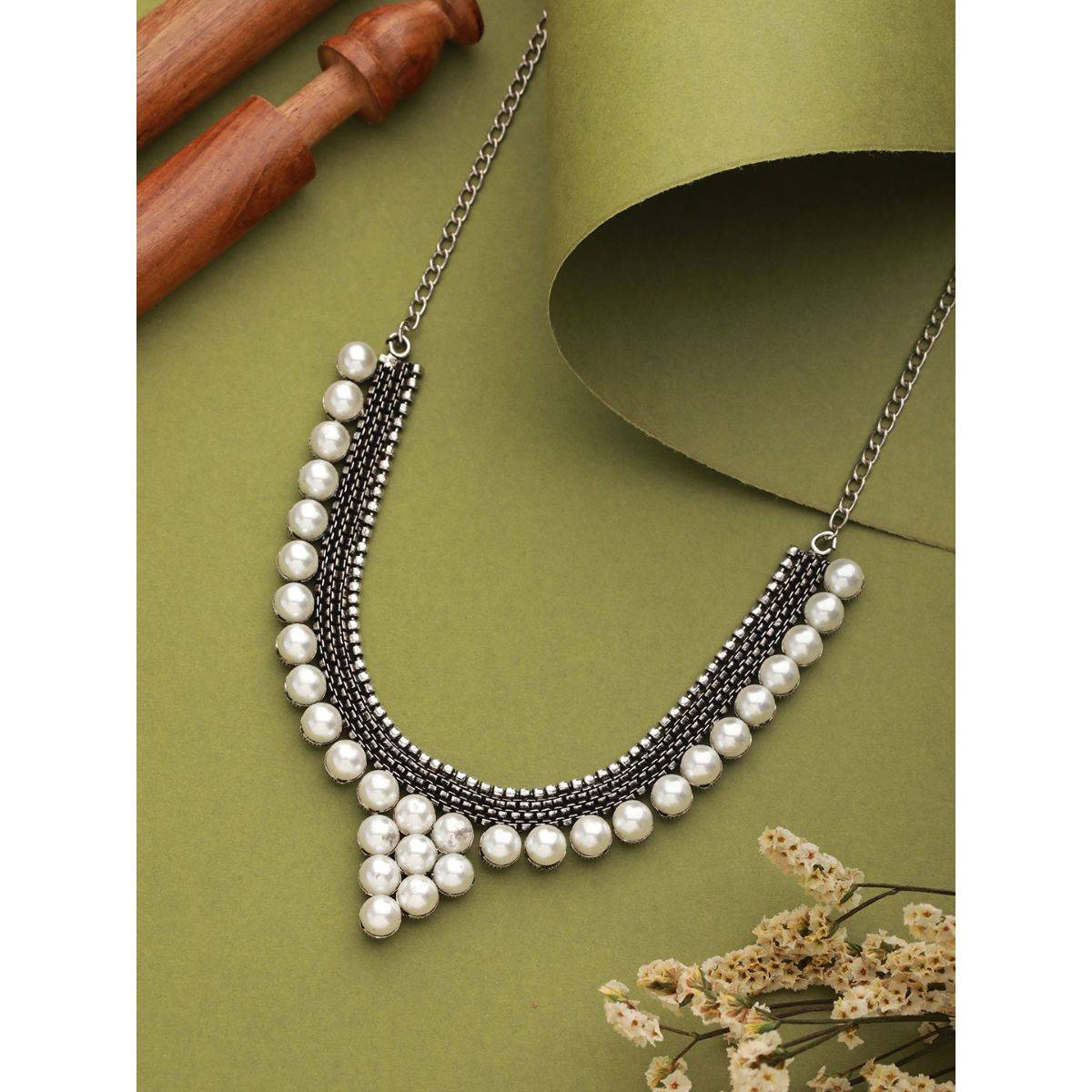 Aatmana Silver Plated Pearl Beaded Oxidised Necklace · One Size