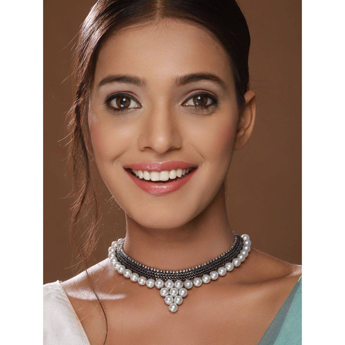 Aatmana Silver Plated Pearl Beaded Oxidised Necklace · One Size