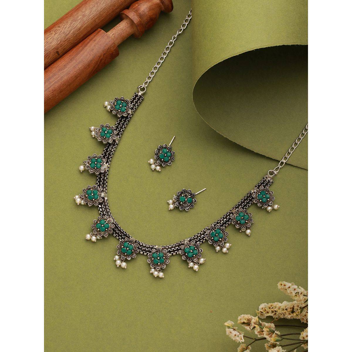 Aatmana Silver Plated Green Stone Studded & Pearl Beaded Oxidised Jewellery Set · One Size