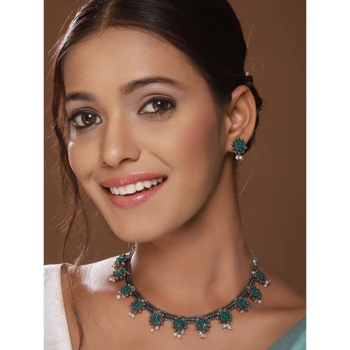 Aatmana Silver Plated Green Stone Studded & Pearl Beaded Oxidised Jewellery Set · One Size