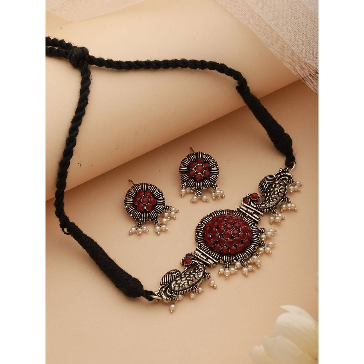 Aatmana Silver Plated Red Stone Studded & Pearl Beaded Oxidised Peacock Shaped Jewellery Set · One Size