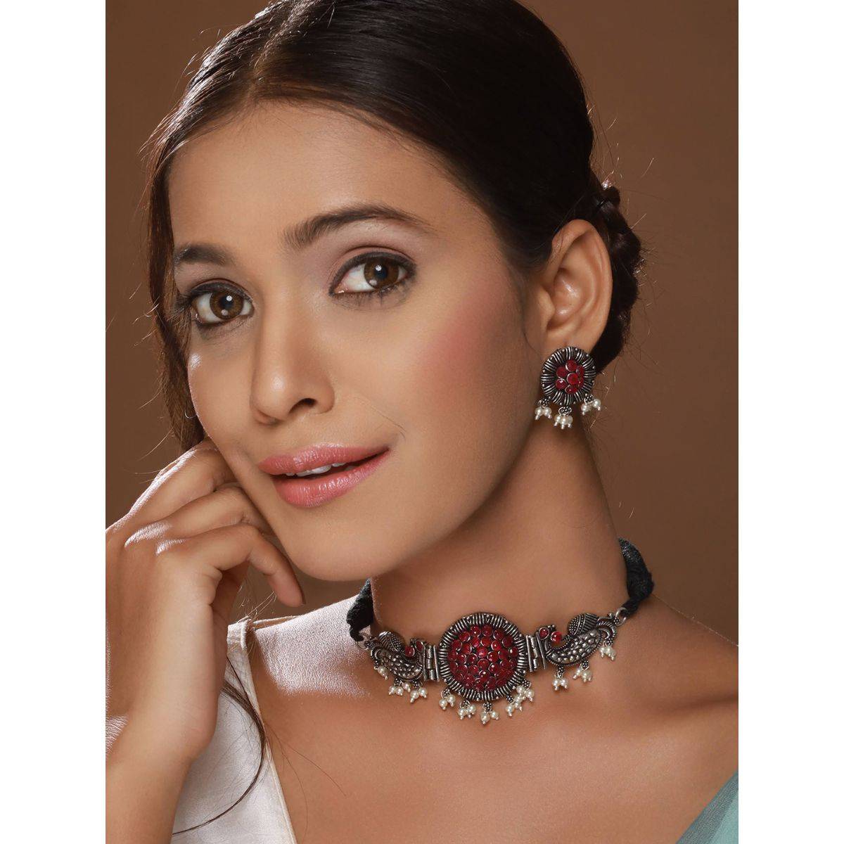 Aatmana Silver Plated Red Stone Studded & Pearl Beaded Oxidised Peacock Shaped Jewellery Set · One Size