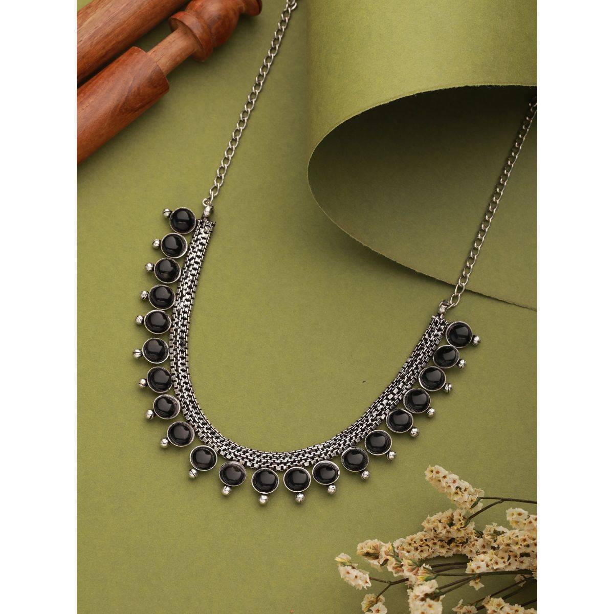 Aatmana Silver Plated Black Stone Studded Oxidised Necklace · One Size