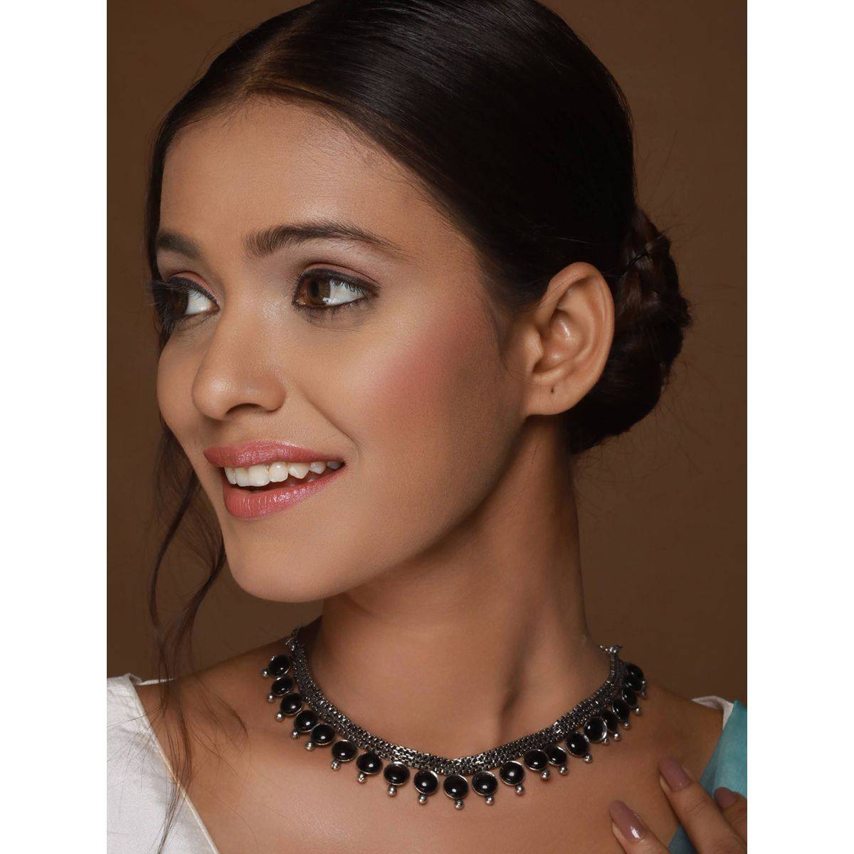 Aatmana Silver Plated Black Stone Studded Oxidised Necklace · One Size