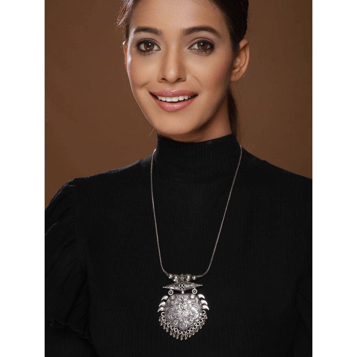 Aatmana Silver Plated Statement Oxidised Necklace · One Size