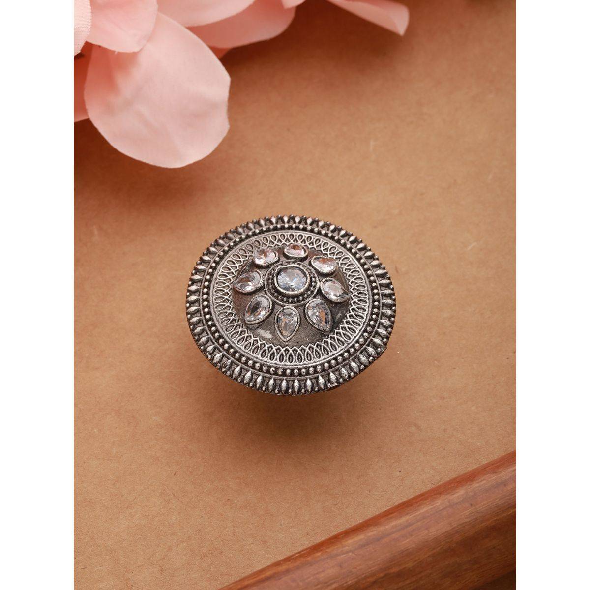 Aatmana Oxidized Silver Toned & White Stone Studded Adjustable Finger Ring · One Size