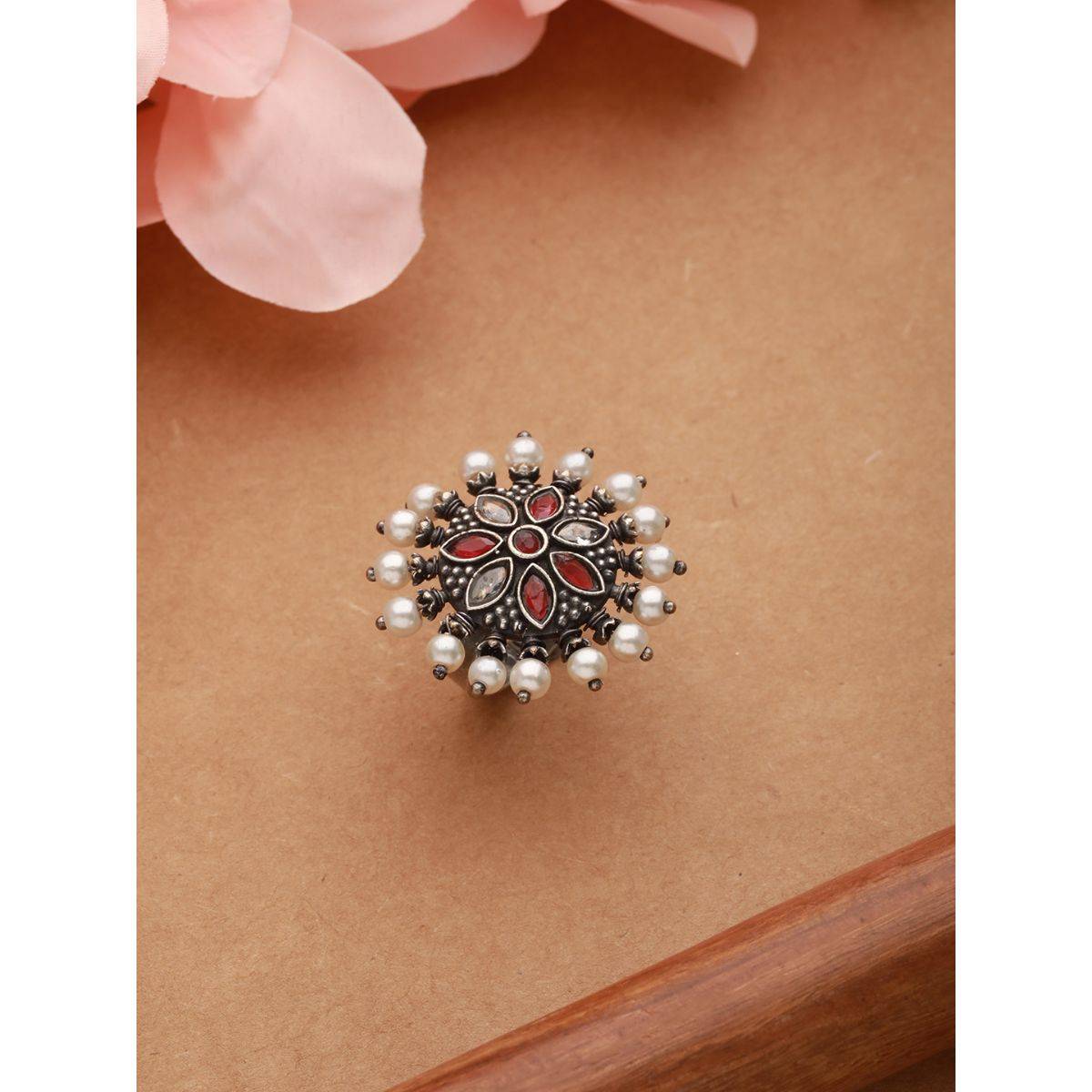 Aatmana Oxidized Silver Plated Red & White Stone Studded & Pearl Adjustable Finger Ring