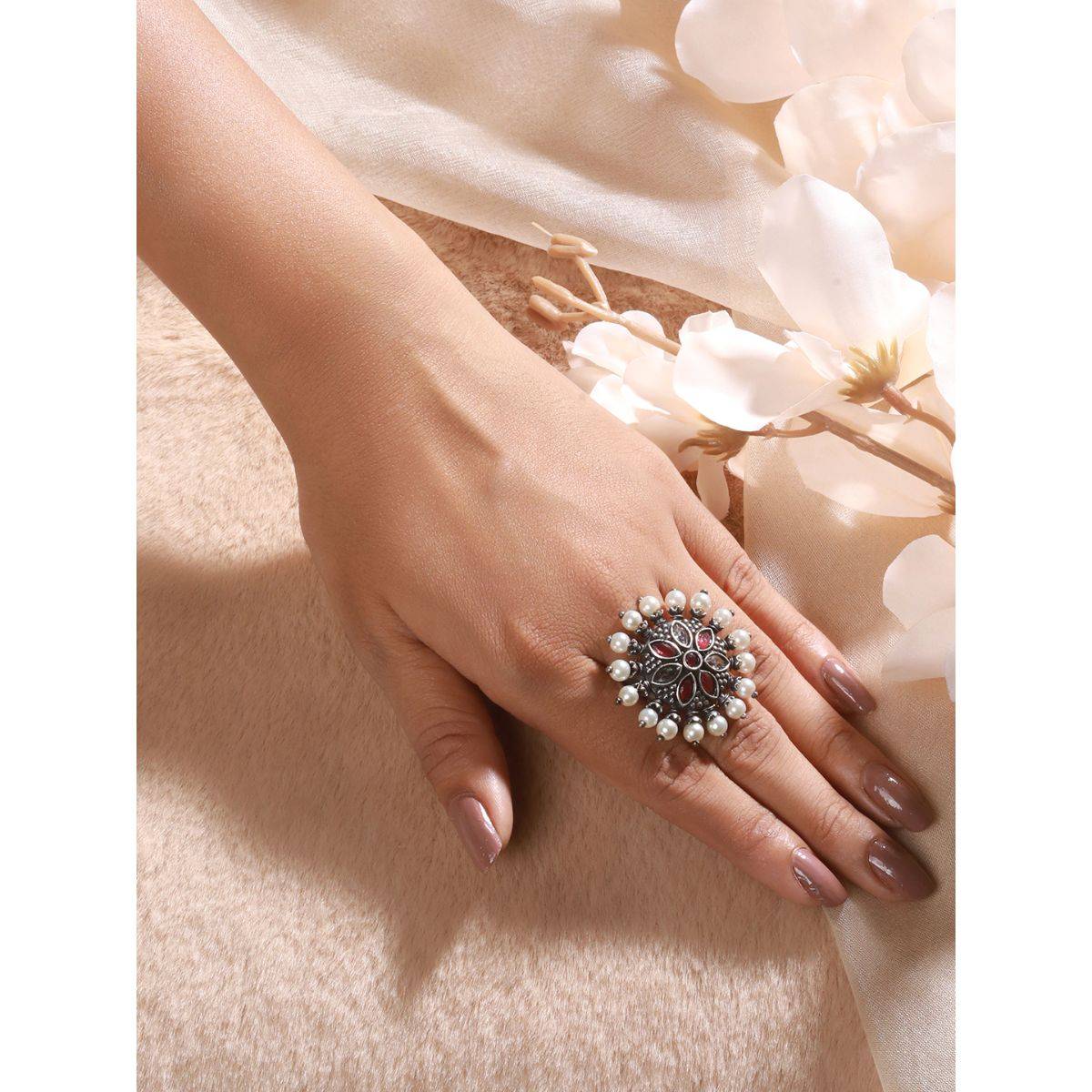 Aatmana Oxidized Silver Plated Red & White Stone Studded & Pearl Adjustable Finger Ring