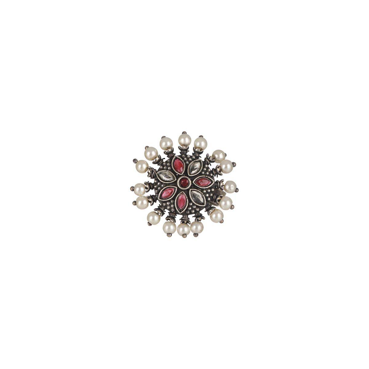 Aatmana Oxidized Silver Plated Red & White Stone Studded & Pearl Adjustable Finger Ring