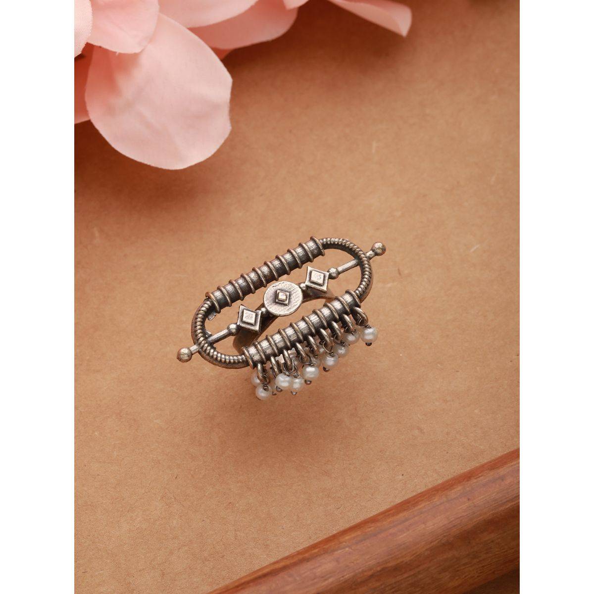 Aatmana Silver Plated & Pearl Beaded Oxidised Finger Ring · One Size