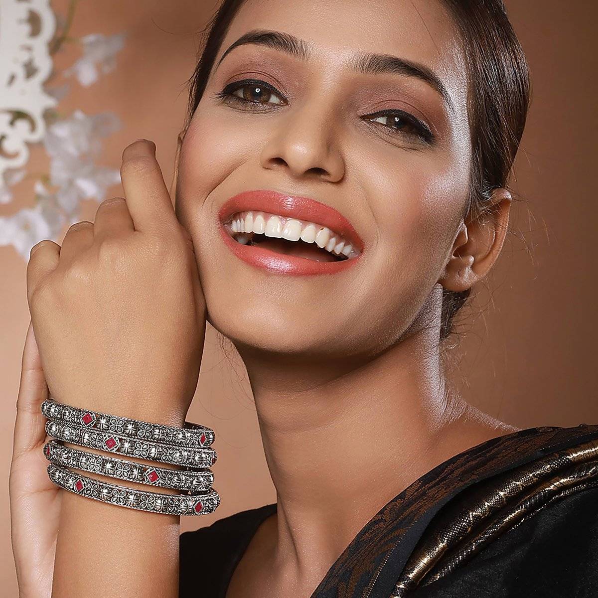 Aatmana Oxidised Silver-Plated Pink Ruby Studded Handcrafted Bangles (Set of 4) (2-4) · 2-4