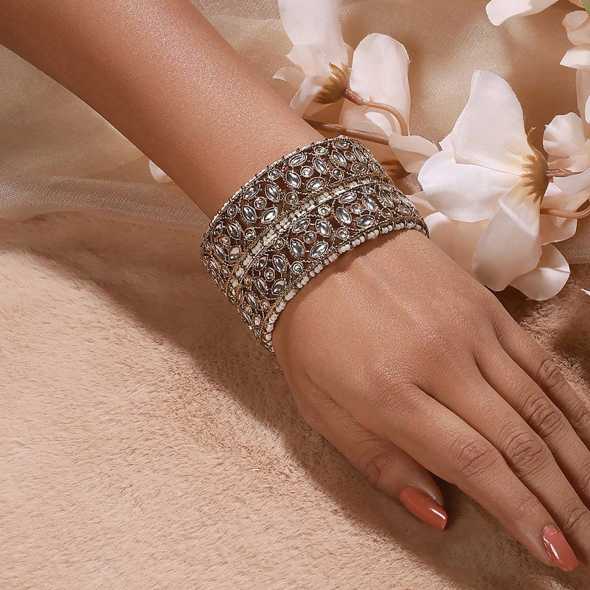 Aatmana 22KT Gold-Plated Pearl Beaded Kundan-Studded Bangles (Set of 2)