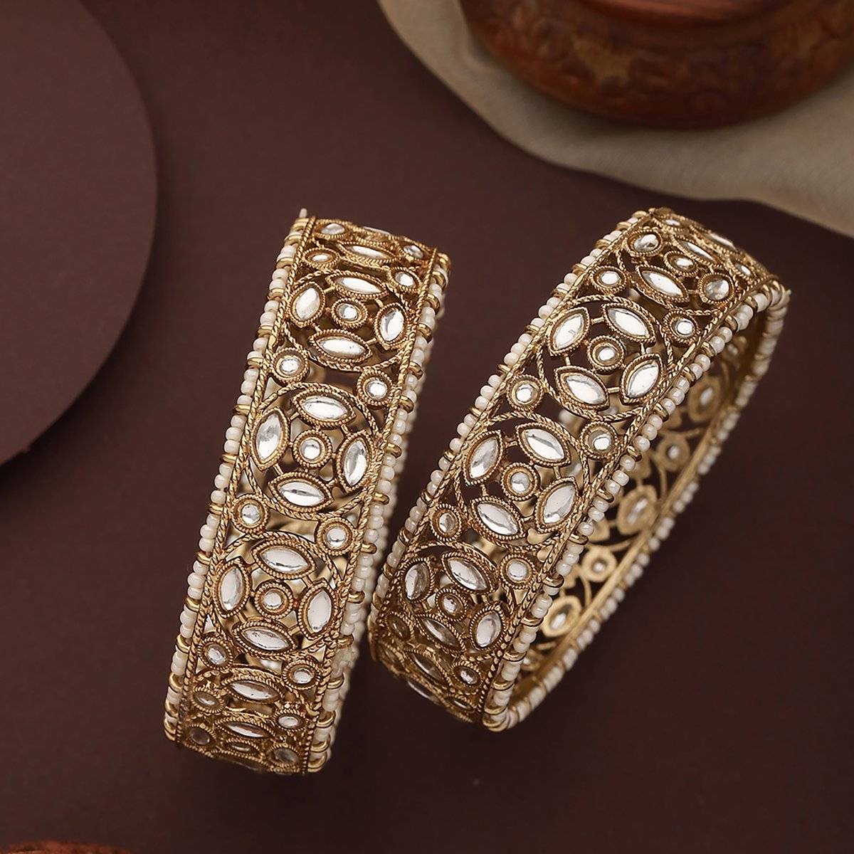Aatmana 22KT Gold-Plated Pearl Beaded Kundan-Studded Bangles (Set of 2)