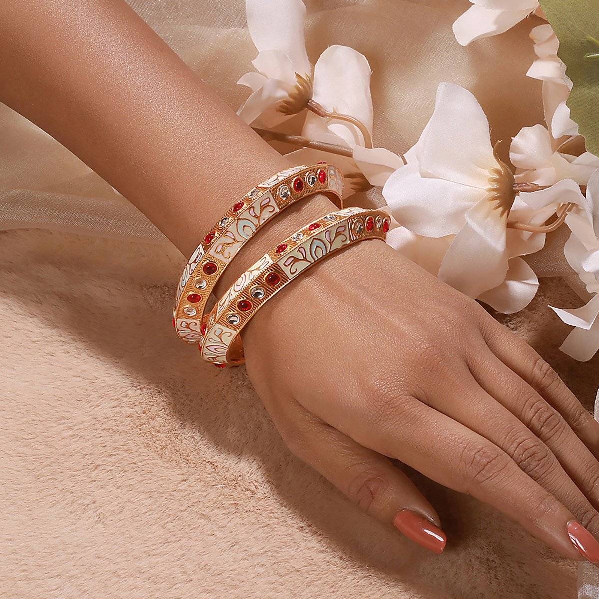 Aatmana Gold-Plated Red & White Kundan-Studded Meenakari Bangles (Set of 2) (2-4) · 2-4