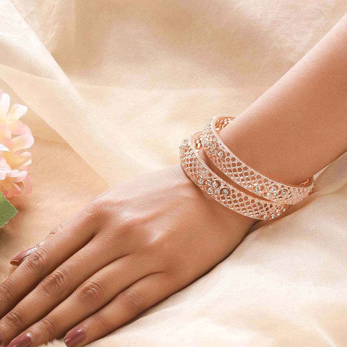 Aatmana Rose Gold-Plated Cubic Zirconia Studded Bangle (2-4) · 2-4