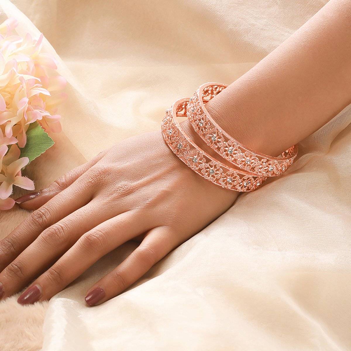 Aatmana Rose Gold-Plated Cubic Zirconia Studded Bangle (2-4)